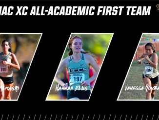 Three side-by-side-by-side action photos of women's cross country runners