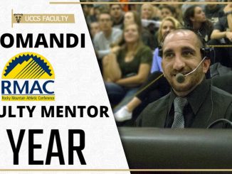 Graphic and photo of M.J. Arjomandi announcing a basketball game for the RMAC Faculty Mentor of the Year