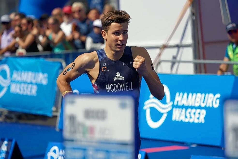 Kevin McDowell finishing a triathlon
