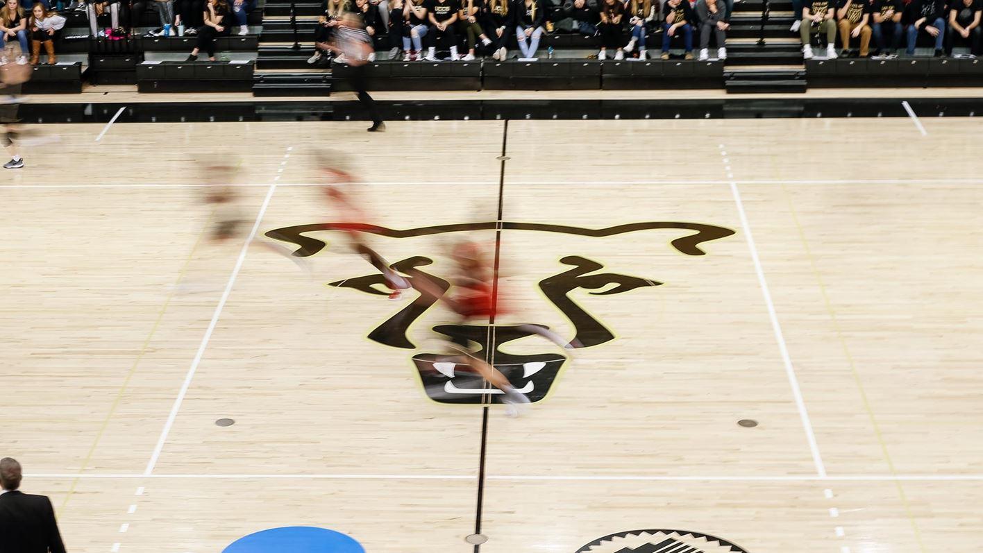 A time lapse of student-athlete running across the Mountain Lion logo at center court