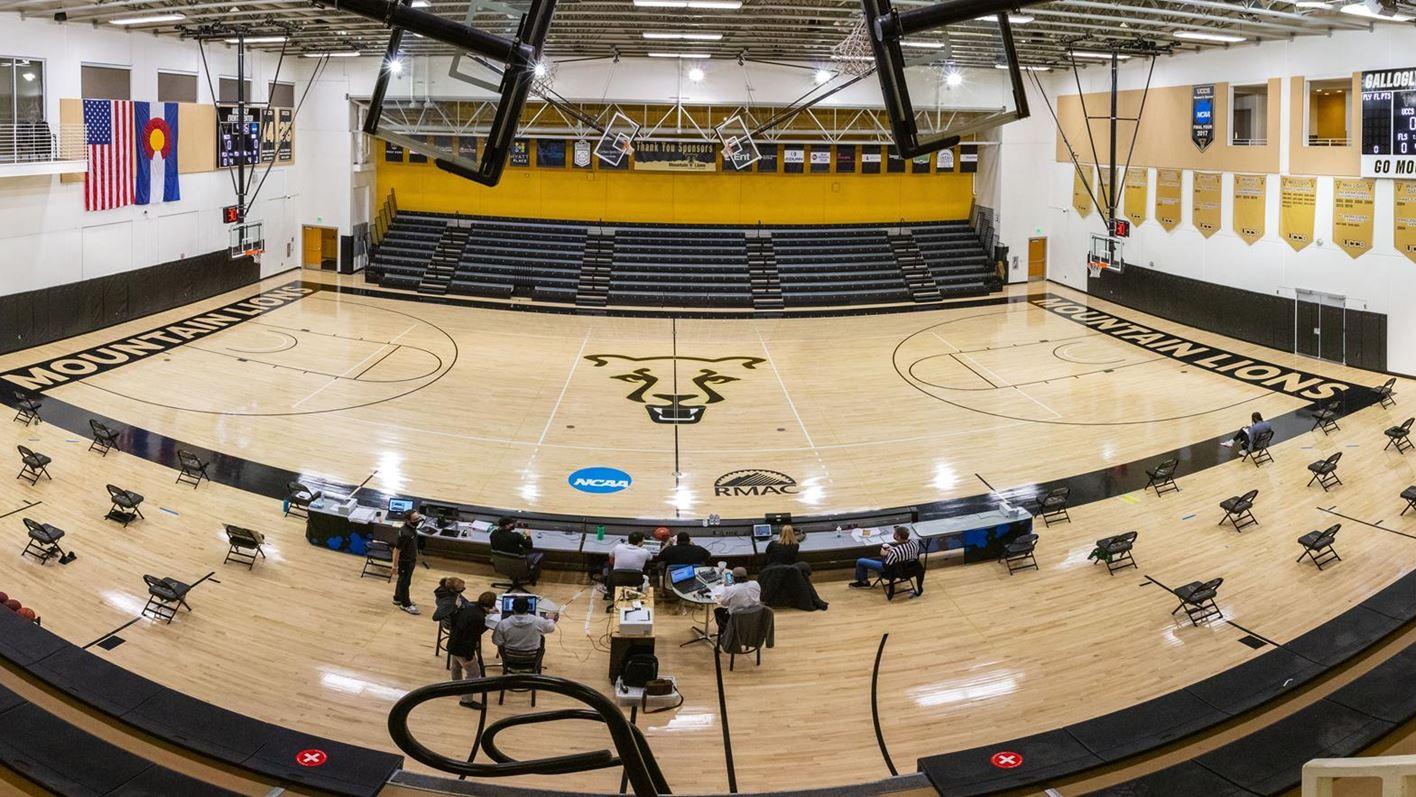 A panoramic shot of the Gallogly Events Center before a basketball game during the pandemic