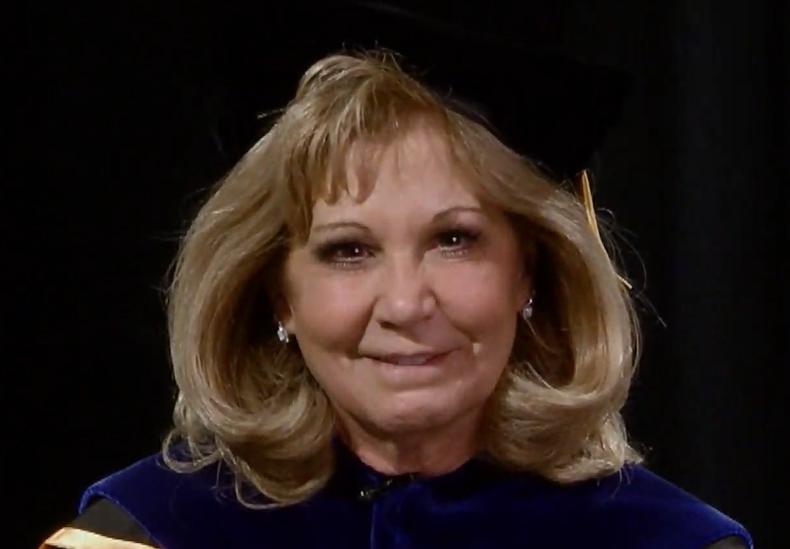 A screenshot of Patty Erjavec giving the commencement address during the 2020 virtual ceremony