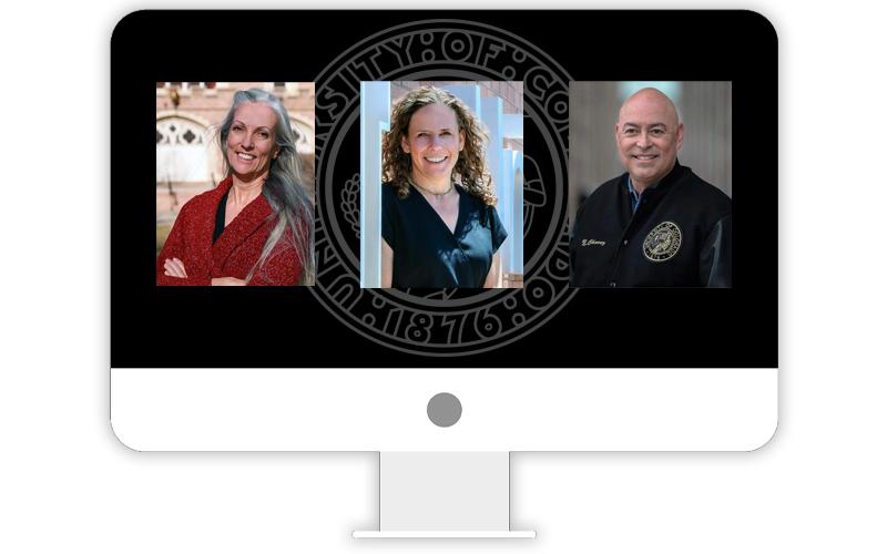 Three headshots of incoming Regents on a graphic of a computer screen