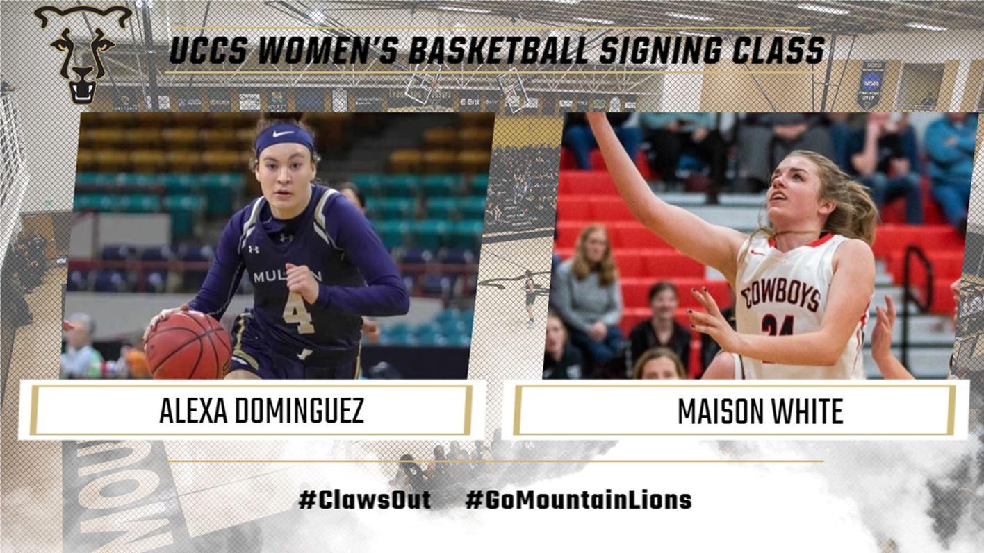 Action photos of Alexa Dominguez and Maison White playing basketball