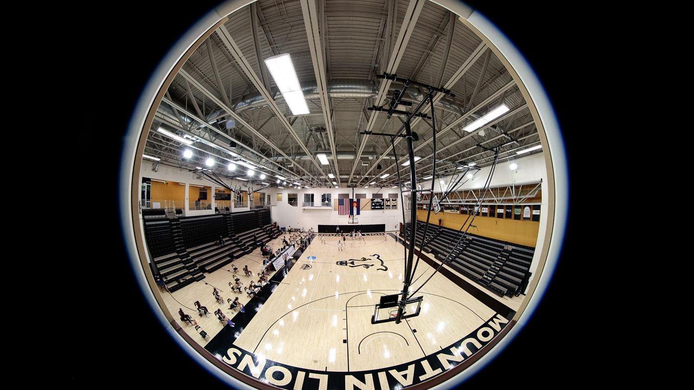 A fisheye view of the Gallogly Events Center from above the baseline