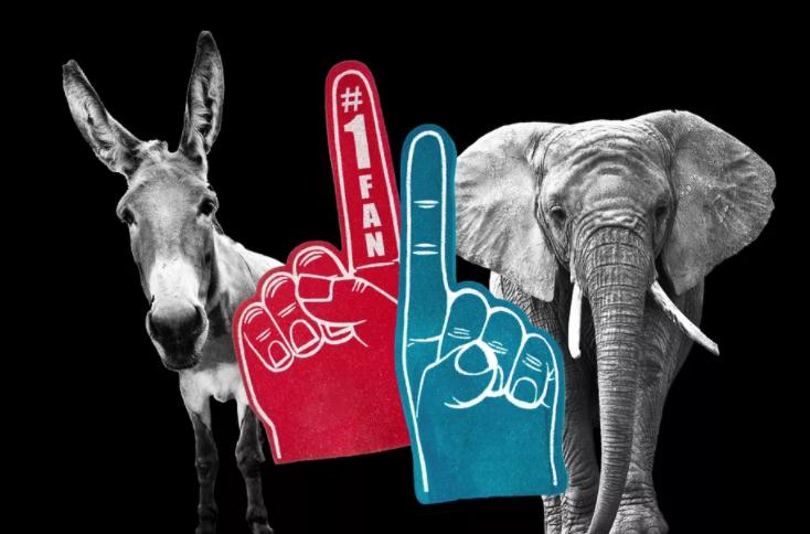 Grayscale photos of a donkey and elephant with red and blue number one foam fingers