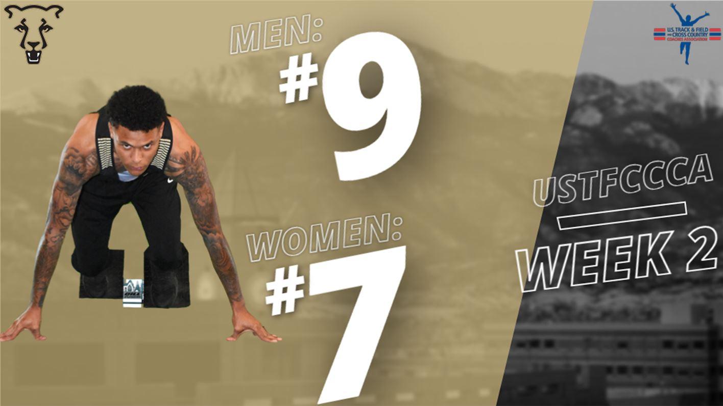 A male sprinter in the starting blocks with graphics for a #9 and #7 national ranking for the men's and women's teams