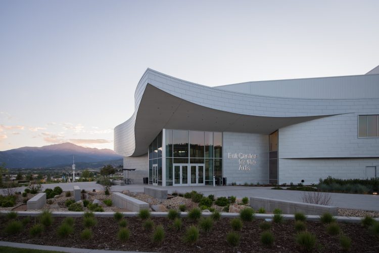 Ent Center for the Arts at sunset with Pikes Peak in the background. Photo by Jeffrey M Foster