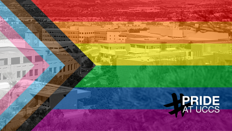 Progress pride flag, rainbow colors overlayed on image of campus