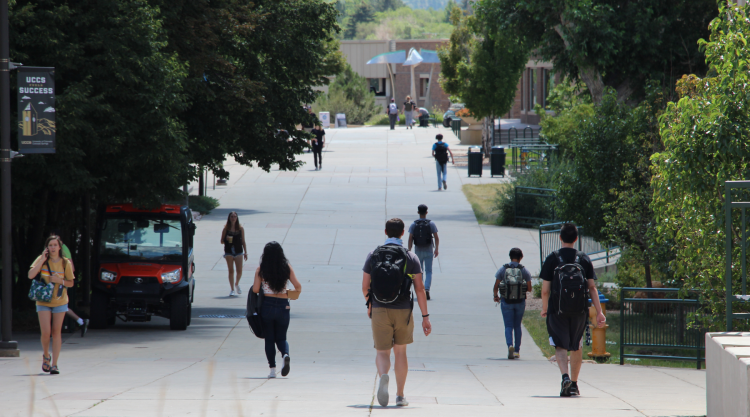 Students walking in between the residence halls.