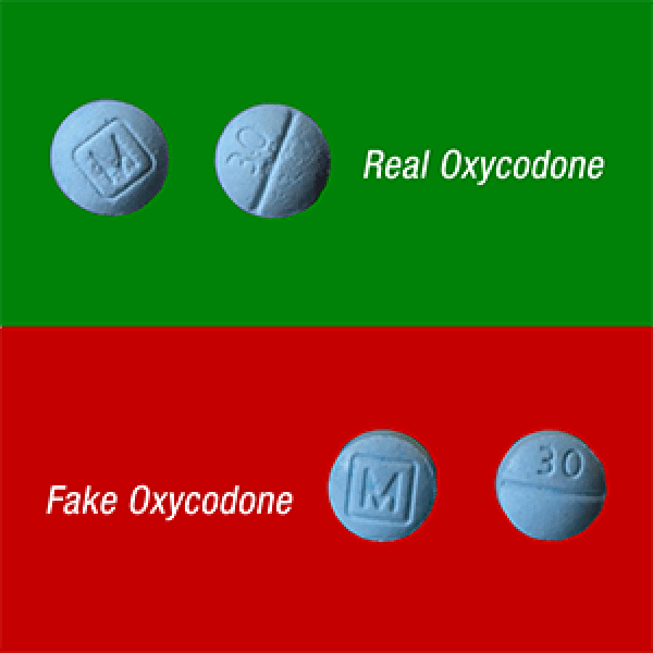 Graphic that shows a side by side comparison of authentic oxycodone vs. counterfeit oxycodone.