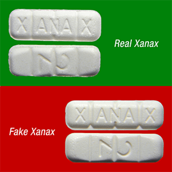 Graphic that shows a side by side comparison of authentic xanax vs. counterfeit xanax