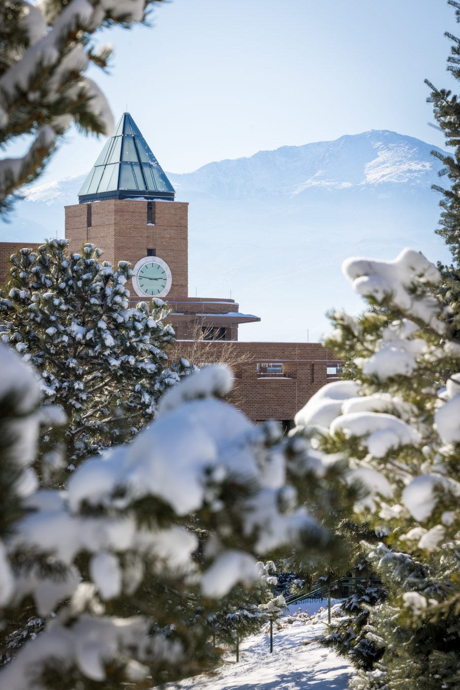 Snow covered trees in front of El Pomar Center on the UCCS campus with a misty Pikes Peak in the background.